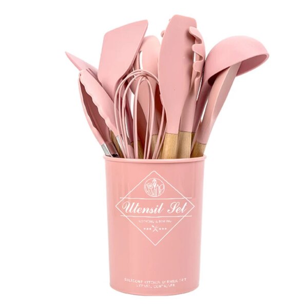 Zoseil Pink Non-stick Cookware Silicone Cookware Set 12Pcs Soup Wooden Handle Shovel Artificial Chaff Colander Kitchenware