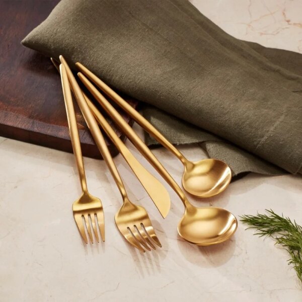 for Kitchen Cutlery Set Skandia Zephyr Satin Gold 45 Piece Flatware Set Fork Metallic Spoons French Tableware Dinnerware Sets