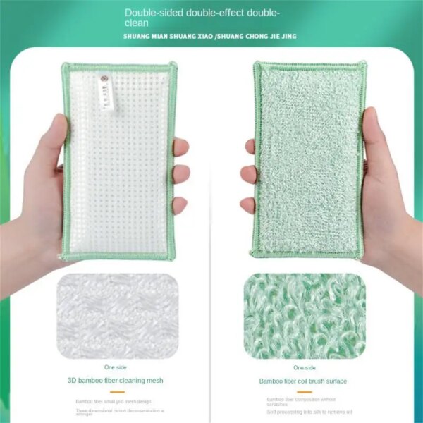 set Bamboo Fiber Sponge Dishwashing Rag Scouring Pad Reusable Oil-free Double-sided Household Brush Cleaning Tool Kitchen